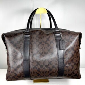Coach Signature Duffle Bag Brown Black Canvas Leather Trim Travel Weekender